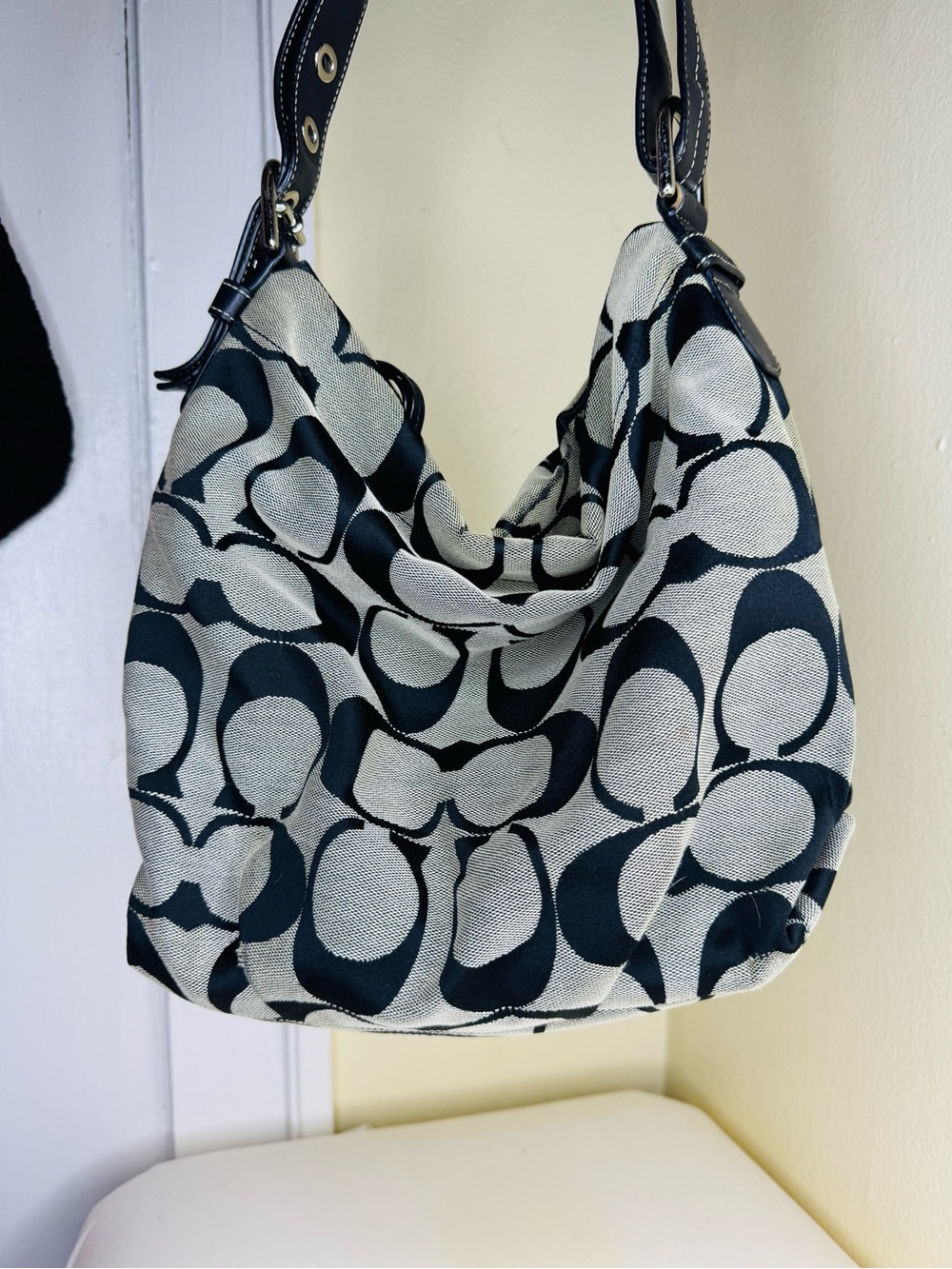 Stylish Black & Cream Signature Pattern Hobo Bag